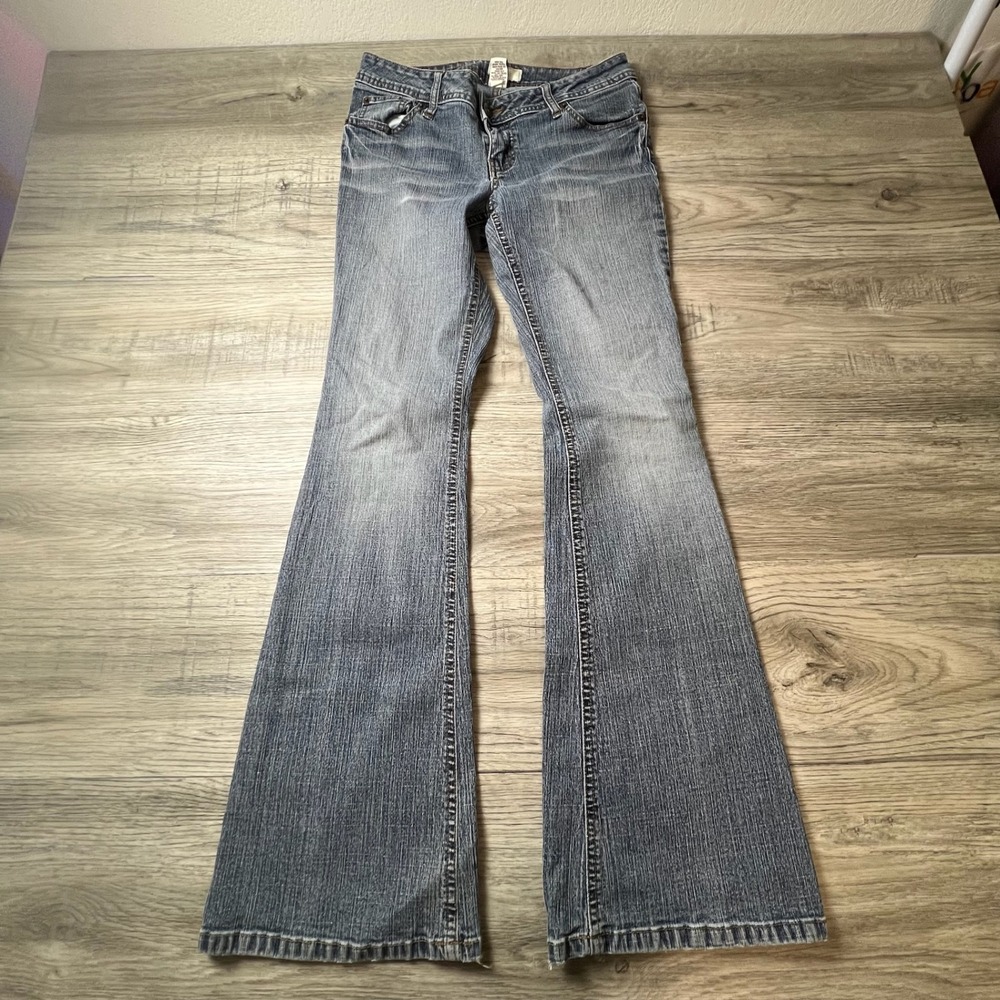 SO Flare Jeans Womens 9 Blue Low Rise Wide Leg Distressed Y2K Denim Pants
